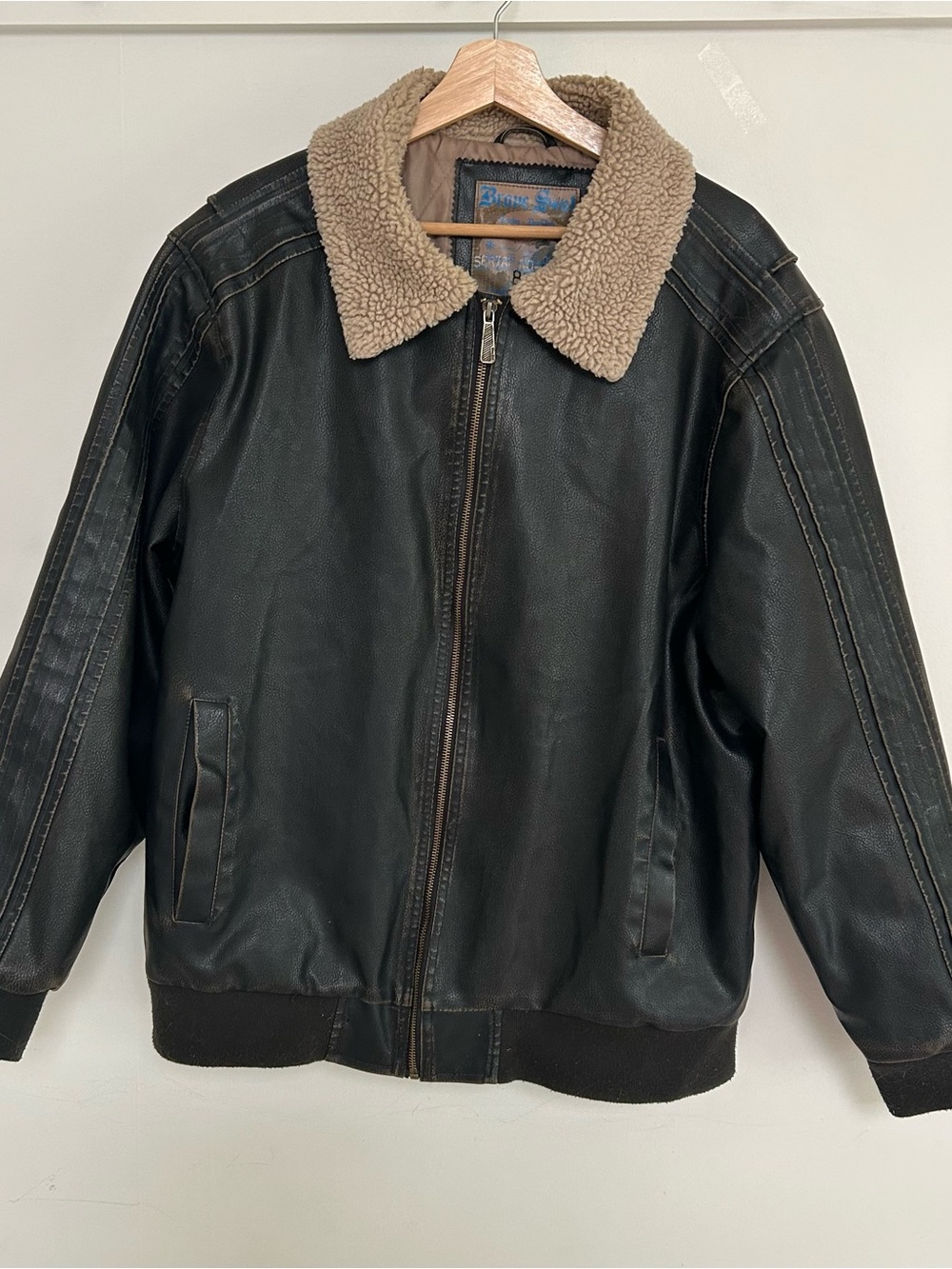 Vintage Faux Leather Bomber Aviation Jacket with Tan Sherpa Collar